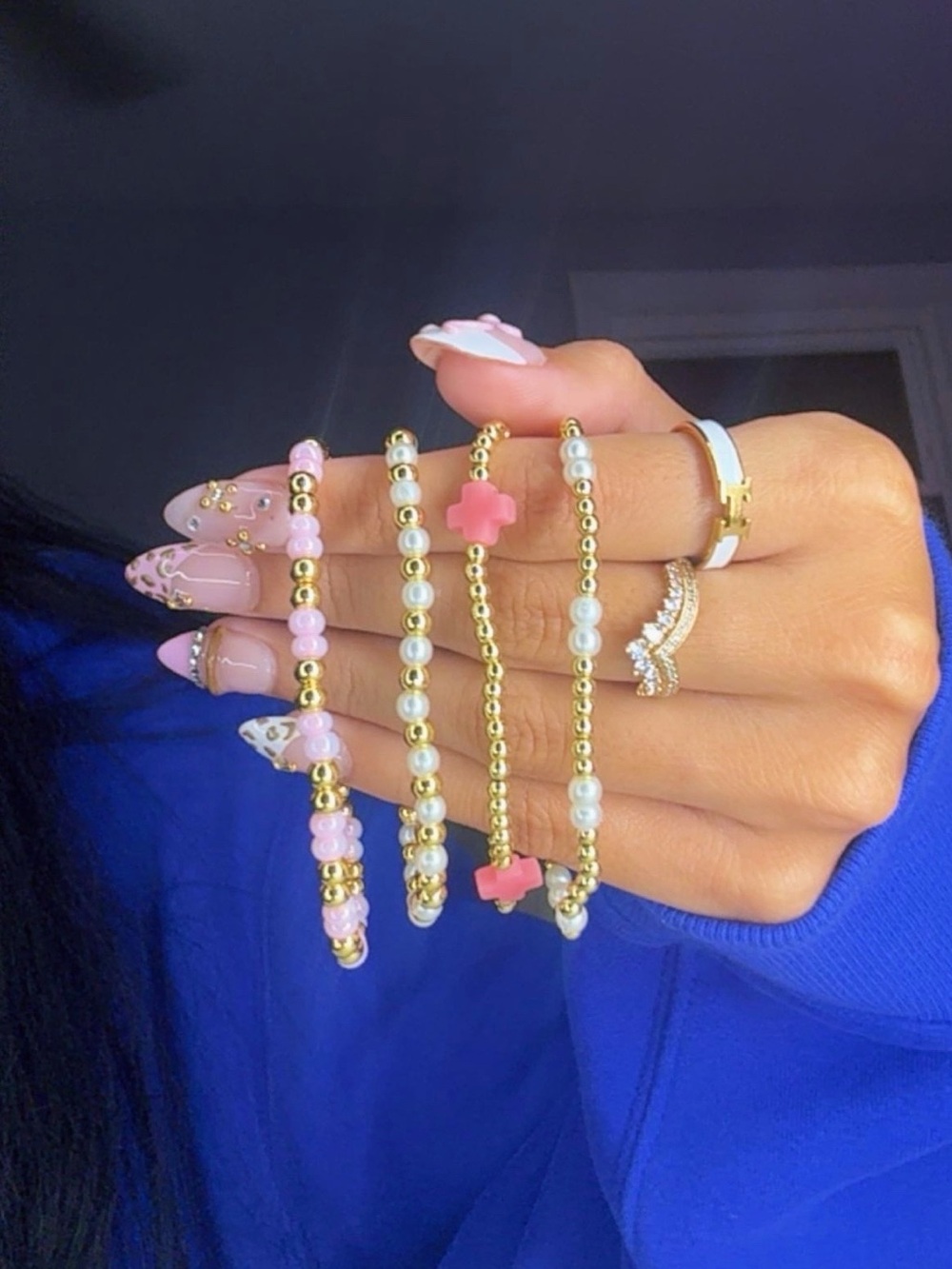 Pink Beaded Gold Bracelet Set - Women Jewelry